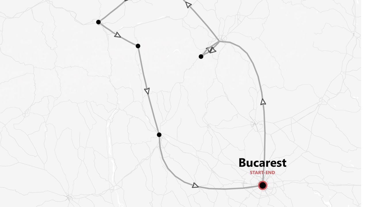 Mappa di un itinerario turistico ad anello con partenza e arrivo a Bucarest, Romania.
