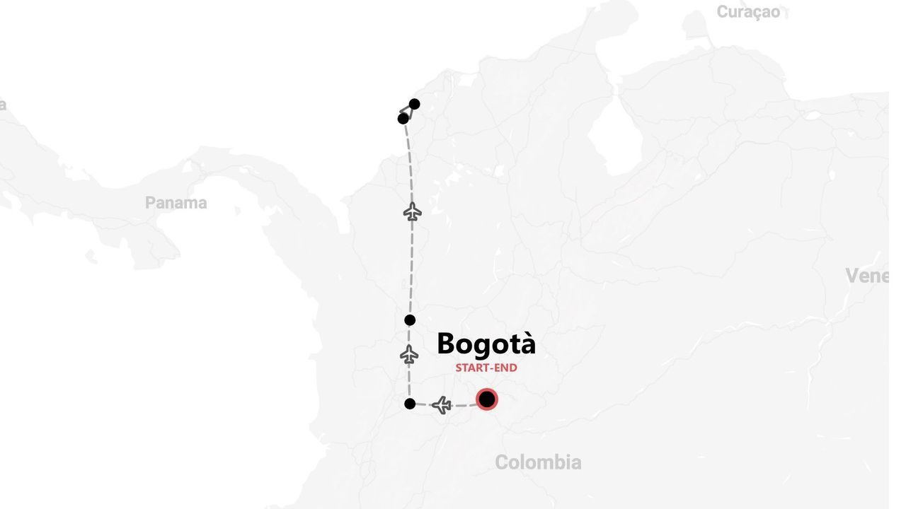 Mappa di un itinerario di viaggio attraverso la Colombia, con partenza e arrivo a Bogotà, e con tappe e voli indicati lungo il percorso.