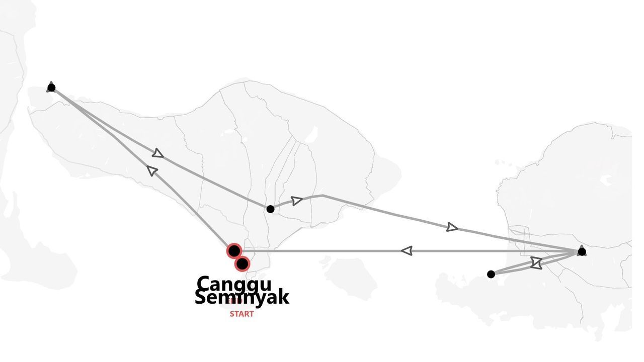 Une carte montrant un itinéraire de voyage avec des points de passage, au départ de Canggu et Seminyak.
