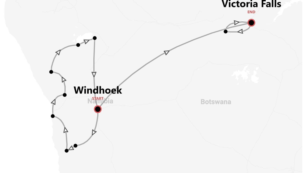 Mappa del tour: da Windhoek, Namibia, attraverso il Botswana fino alle Cascate Vittoria.