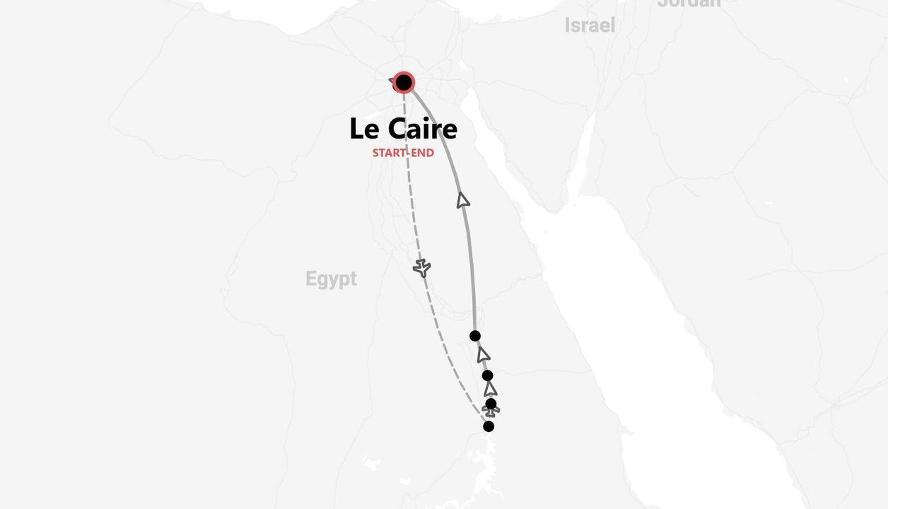 Une carte d'un itinéraire de voyage en Égypte, présentant un parcours qui débute et se termine au Caire et longe le Nil vers le sud.