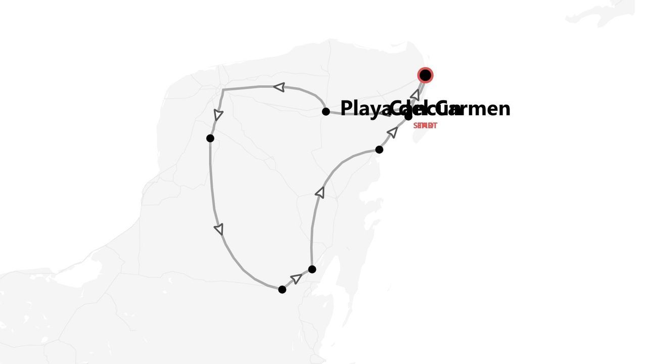 Une carte minimaliste d'un itinéraire de voyage en boucle sur la péninsule du Yucatán, avec Playa del Carmen comme étape.
