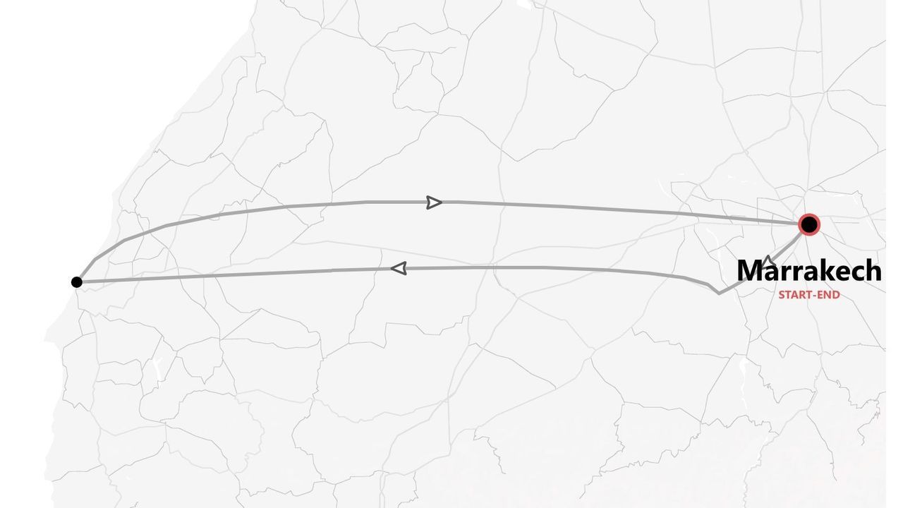 Une carte stylisée montrant un itinéraire de voyage qui commence et se termine à Marrakech, avec le parcours représenté en boucle.