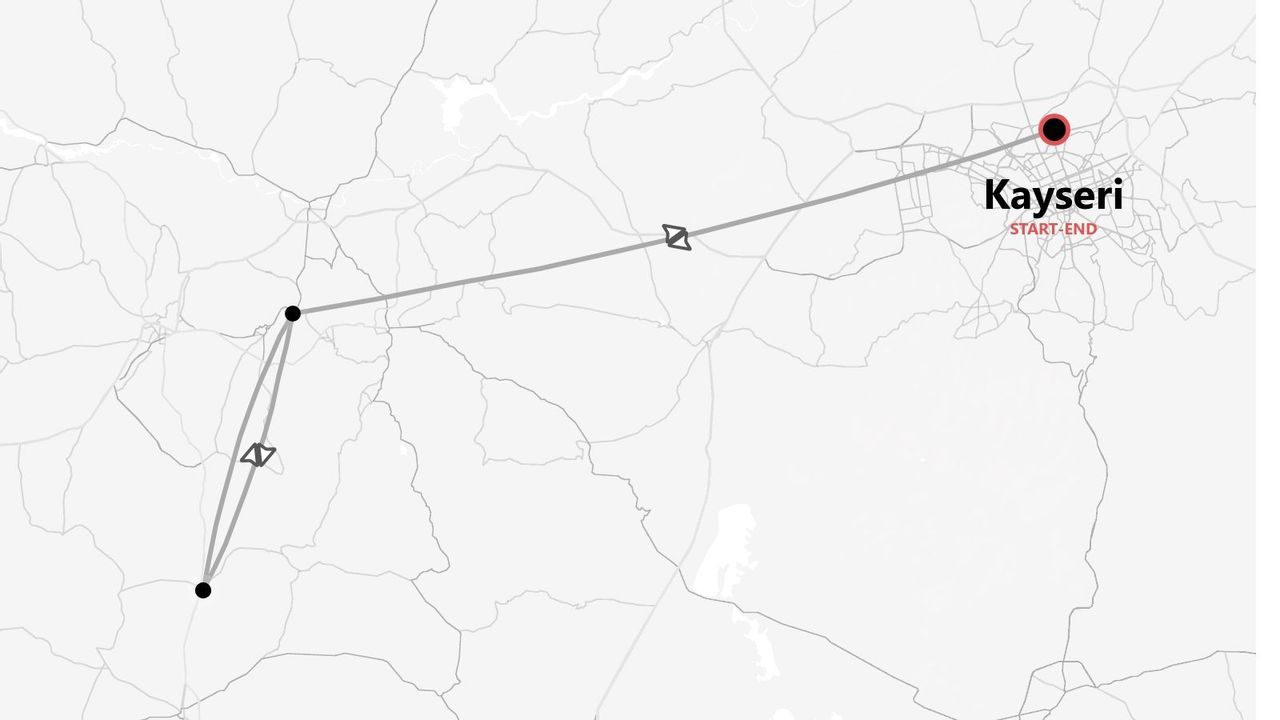Une carte minimaliste montrant un itinéraire de voyage qui commence et se termine à Kayseri, avec plusieurs arrêts et des trajets aériens indiqués.