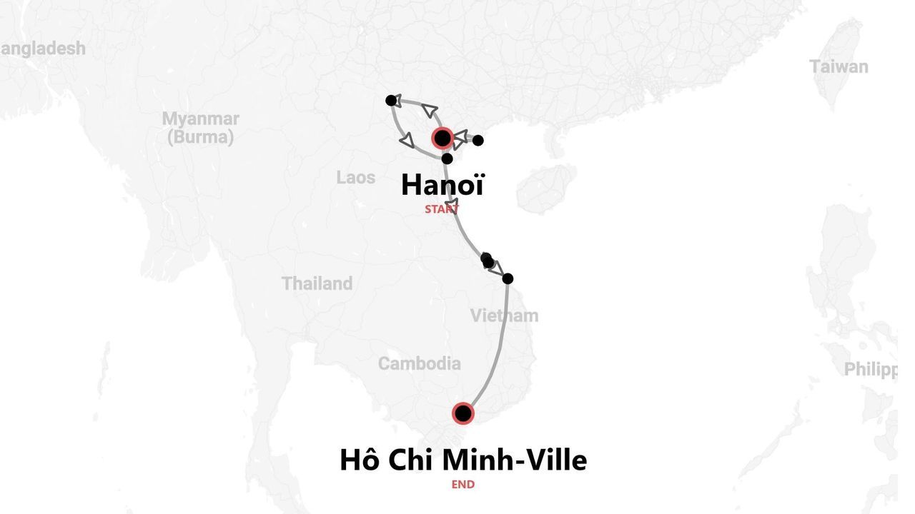 Carte de l'itinéraire de voyage au Vietnam, de Hanoï à Hô Chi Minh-Ville.