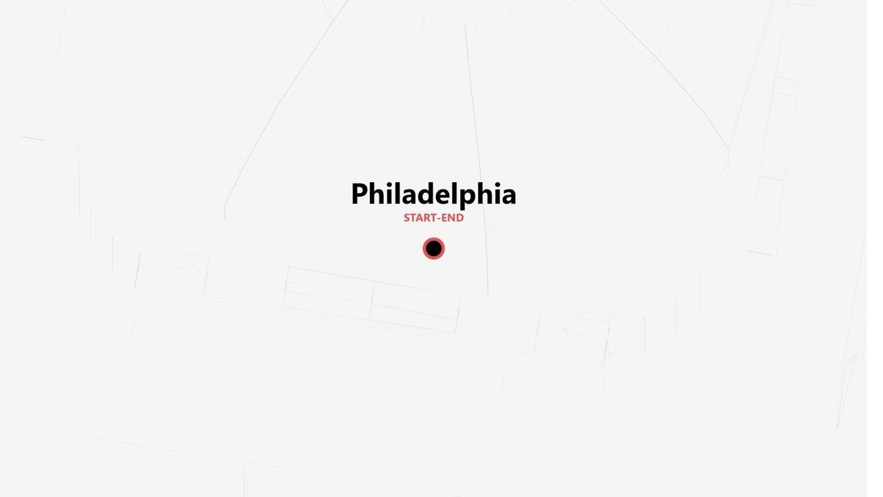 A minimalist map showing Philadelphia as the start and end point of a route, marked with a circular icon over a faint line drawing.