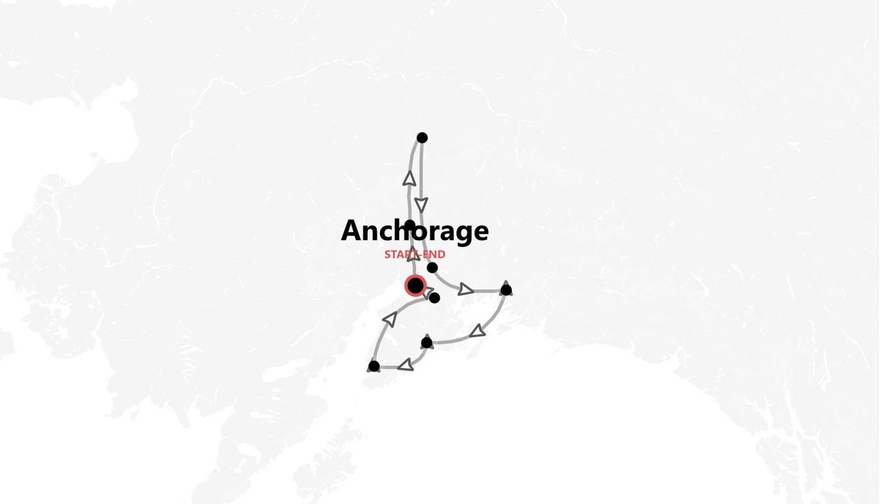 A stylized map illustrating a travel itinerary that begins and concludes in Anchorage, highlighted with a red marker.