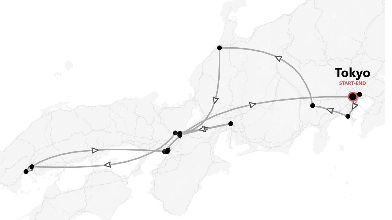 Una mappa di un itinerario di viaggio in Giappone, che mostra un percorso circolare con più tappe che inizia e finisce a Tokyo.