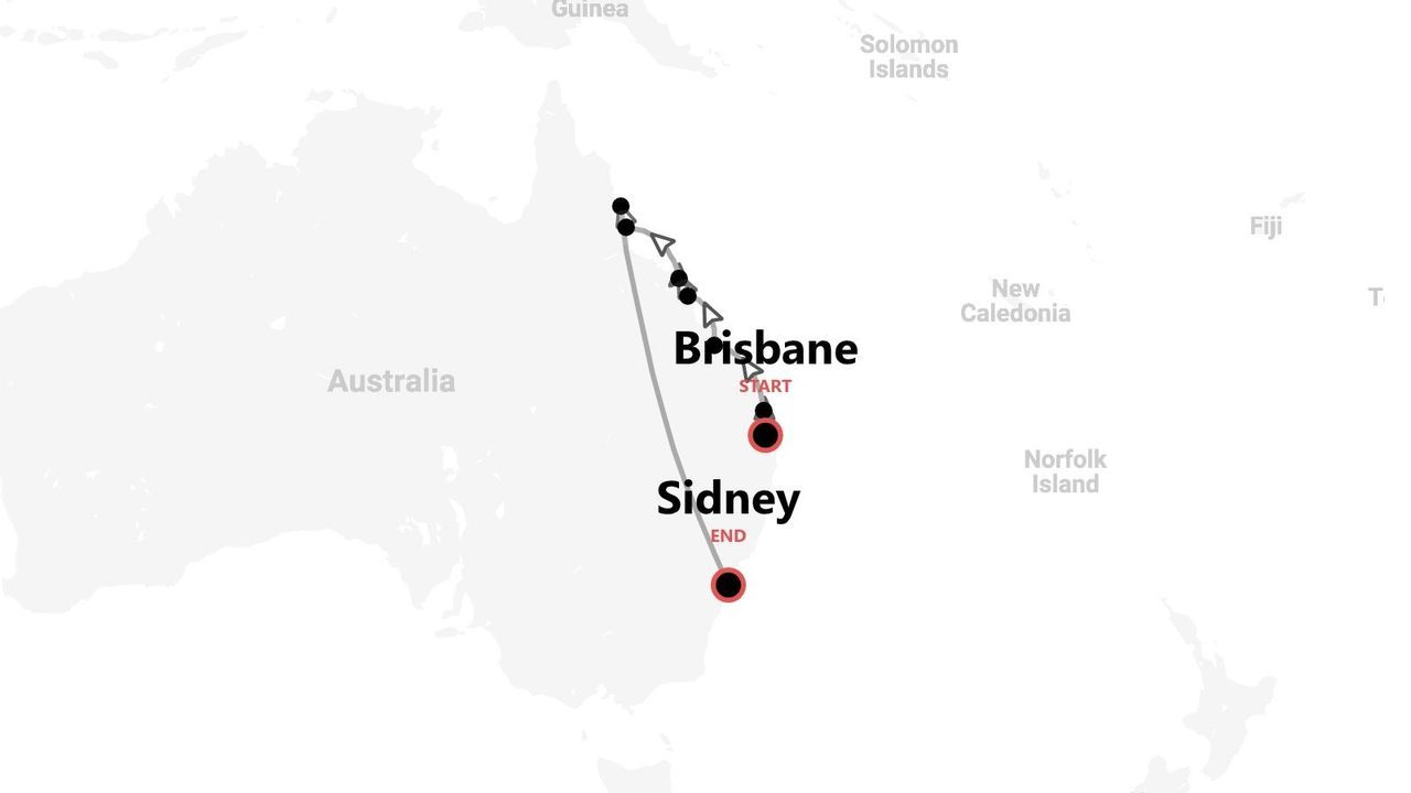 Mappa di un itinerario di viaggio lungo la costa orientale dell'Australia, da Brisbane a Sydney.