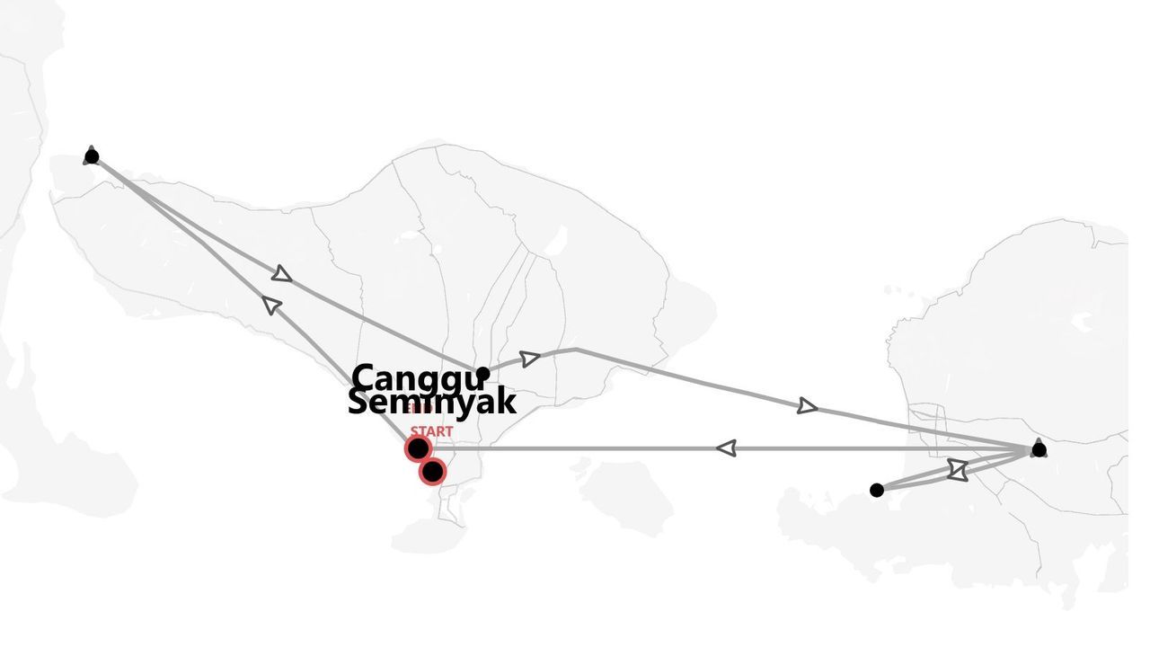 Eine Graustufenkarte, die eine Reiseroute von Canggu und Seminyak aus zeigt, rot markiert, mit Routen über die Inseln.