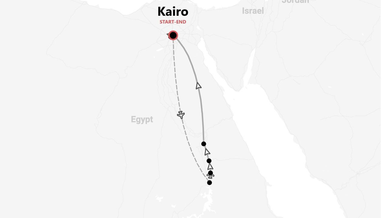 Eine Karte mit einer Ägypten-Rundreise, die in Kairo beginnt und endet und einer Schleife nach Süden folgt.