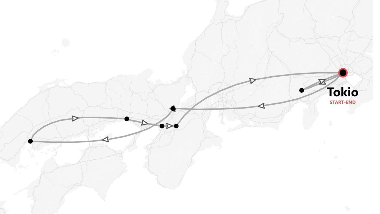 Mapa de Japón en escala de grises con una ruta de viaje que comienza y termina en Tokio.