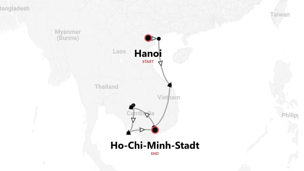 Eine Karte mit einer Reiseroute durch Vietnam und Kambodscha, beginnend in Hanoi und endend in Ho-Chi-Minh-Stadt.