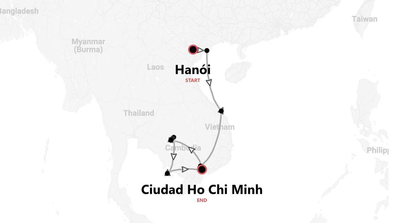Un mapa que muestra una ruta de viaje que comienza en Hanói, pasando por Vietnam y Camboya, y terminando en la Ciudad Ho Chi Minh.