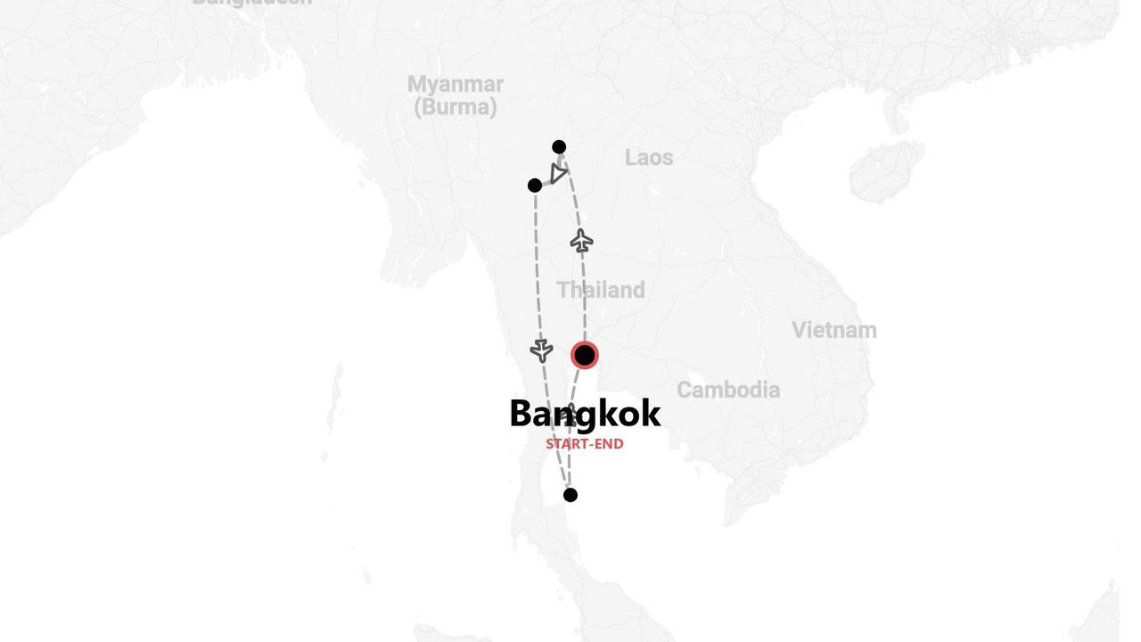 Reiseroutenkarte durch Thailand, beginnend und endend in Bangkok, mit Etappen nahe Laos und Myanmar.