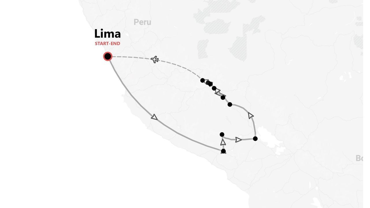 Eine Karte mit einer Reiseroute durch Peru, beginnend und endend in Lima.
