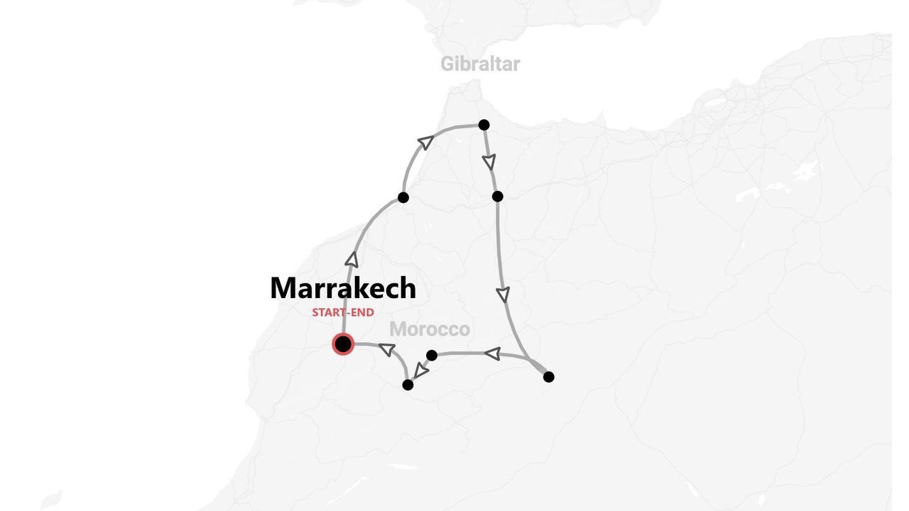 A grayscale map of a tour route in Morocco. The itinerary starts and ends in Marrakech, forming a loop.