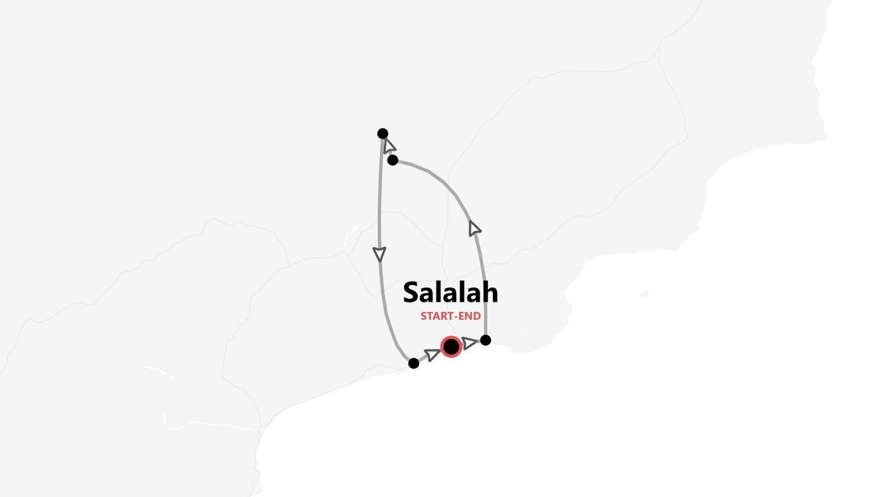 Una mappa minimalista che mostra un itinerario di viaggio con un percorso che inizia e finisce nella città di Salalah.