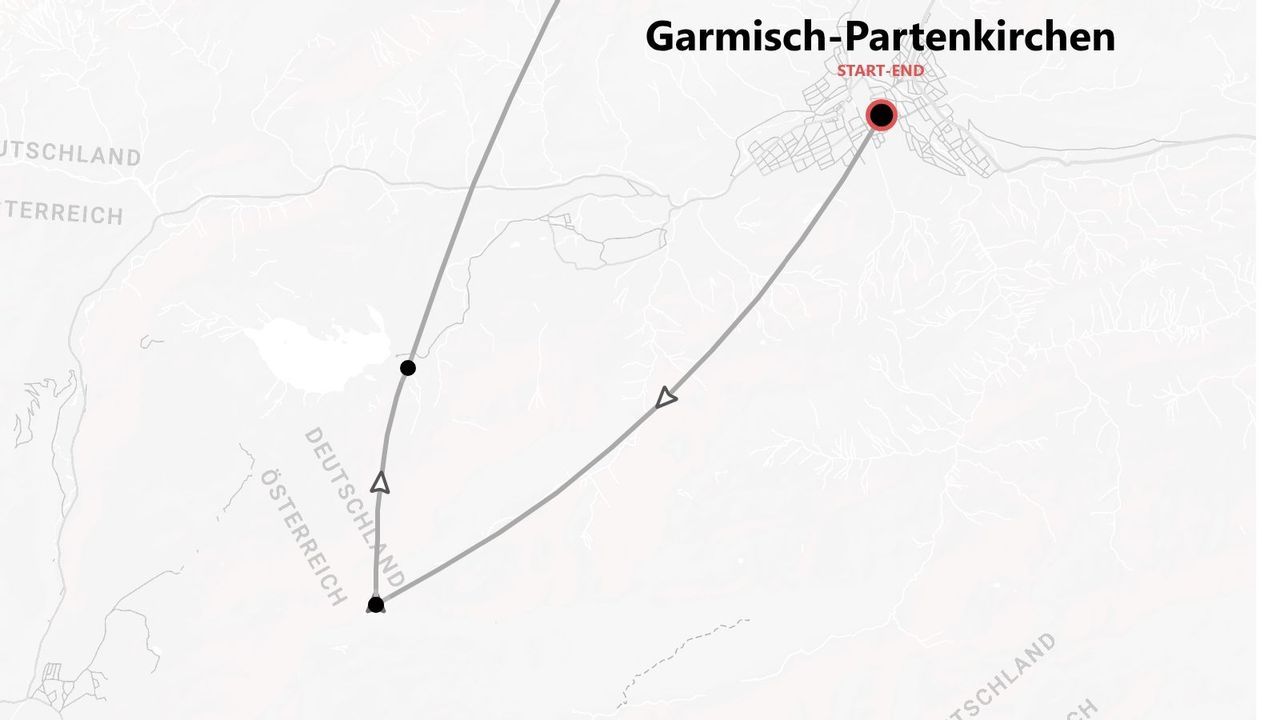 Eine Karte einer Rundreise, die in Garmisch-Partenkirchen beginnt und endet und zwischen Deutschland und Österreich verläuft.