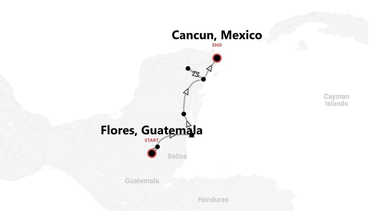 Eine Karte, die eine Reiseroute von Flores, Guatemala, nach Cancún, Mexiko, über Belize zeigt.