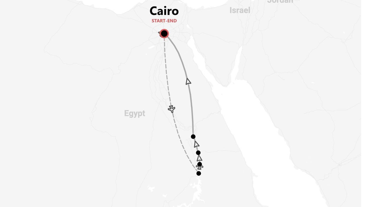 A map showing a travel itinerary in Egypt that starts and ends in Cairo, with a route going south and returning by plane.