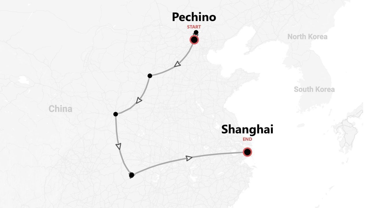 Mappa di un itinerario di viaggio attraverso la Cina, con partenza da Pechino e arrivo a Shanghai.