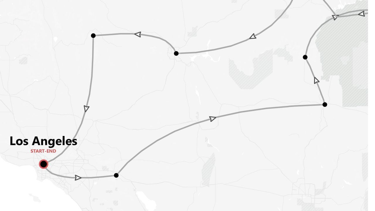 A map showing a looped tour itinerary with several stops, starting and ending in Los Angeles.