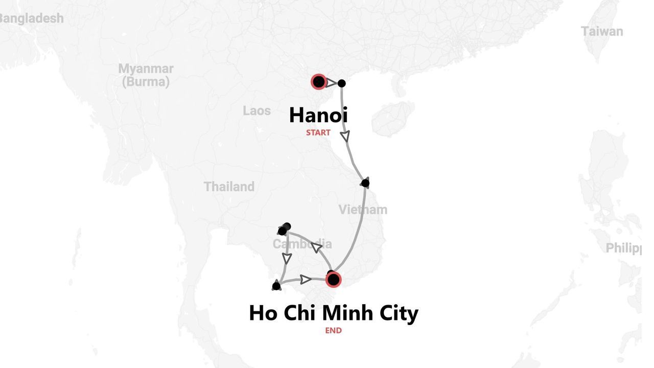 A map showing a travel itinerary through Vietnam and Cambodia, starting in Hanoi and ending in Ho Chi Minh City.