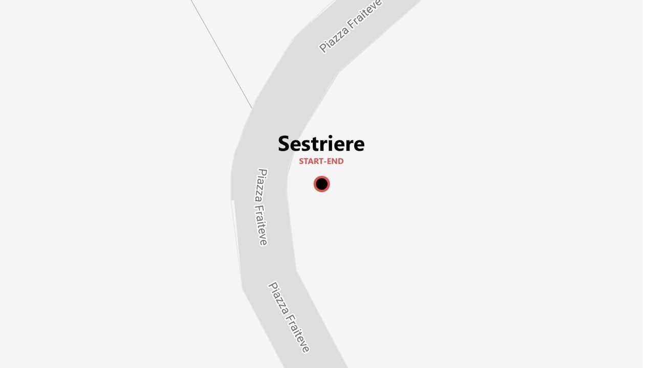 Una mappa minimalista di Sestriere, che evidenzia il punto di partenza e arrivo di un viaggio su Piazza Fraiteve.