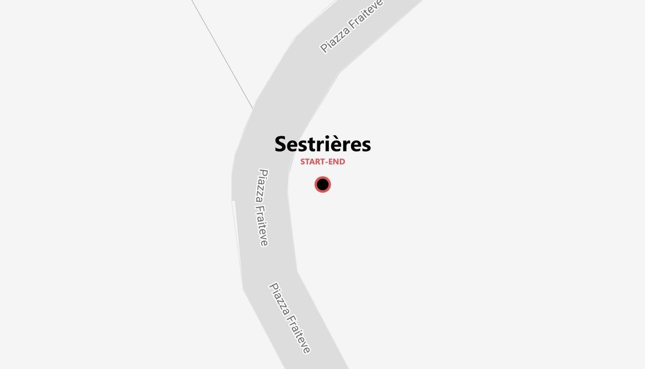 Une carte minimaliste montrant les points de départ et d'arrivée d'un itinéraire à Sestrières, située sur la Piazza Fraiteve.