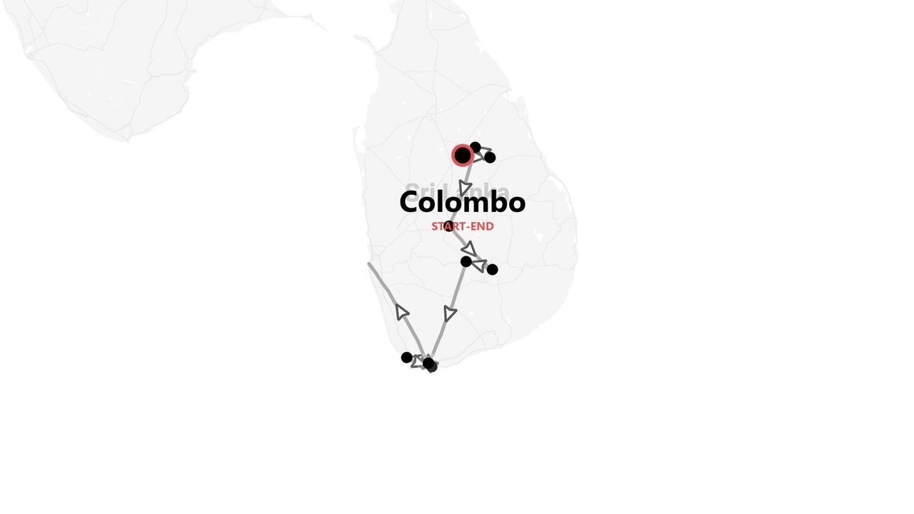 Eine stilisierte Karte von Sri Lanka, die eine Reiseroute mit mehreren Stopps zeigt, beginnend und endend in der Stadt Colombo.
