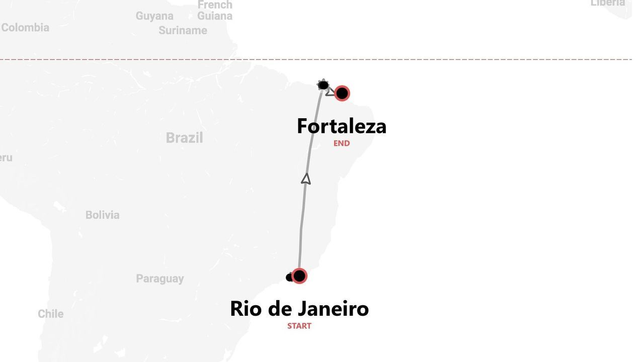 Karte einer Reiseroute durch Brasilien, von Rio de Janeiro bis Fortaleza.