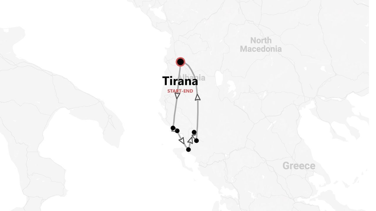 Reiseroute Albanien: Eine Karte einer Rundreise, die in Tirana beginnt und endet und den Süden des Landes erkundet.
