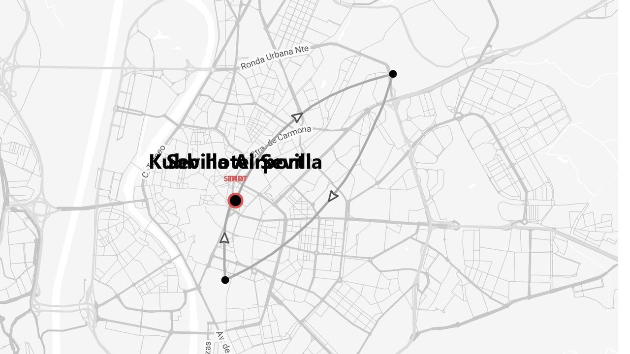 Una mappa stilizzata, in scala di grigi, di Siviglia che mostra un itinerario con diversi punti, centrata su una posizione etichettata come Kube Hotel Air Sevilla.
