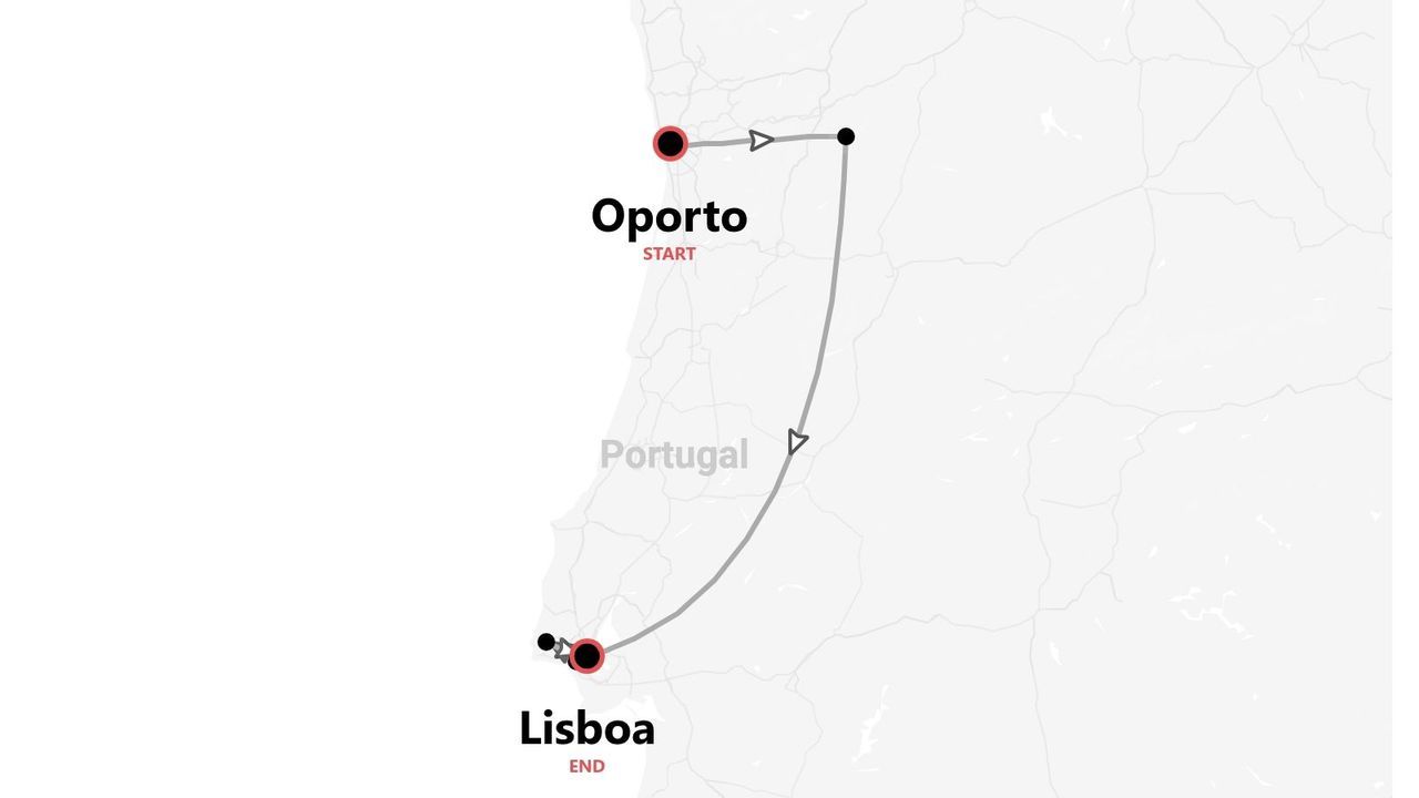 Mapa de ruta de viaje por Portugal, de Oporto a Lisboa.