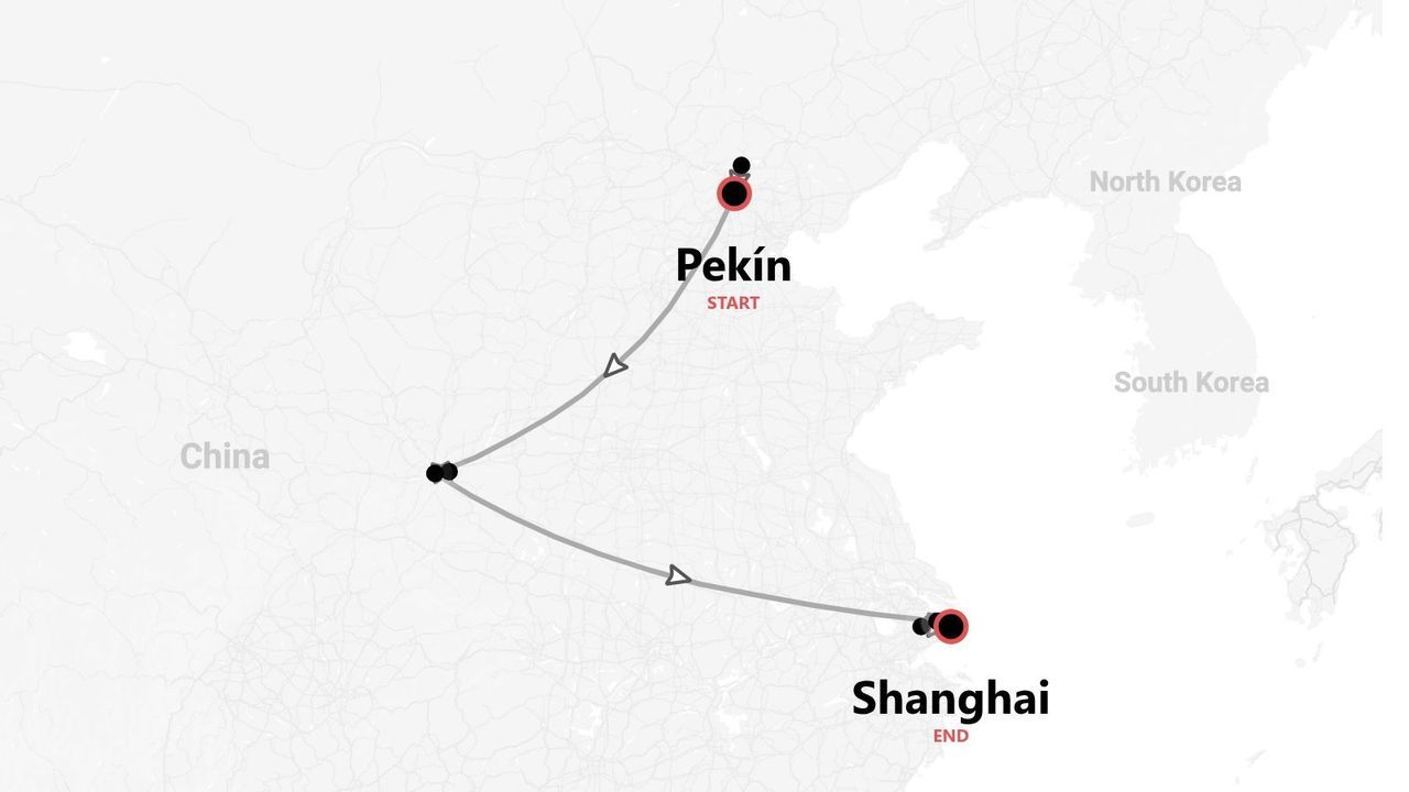 Mapa de ruta de viaje en China, de Pekín a Shanghái, con una parada intermedia.
