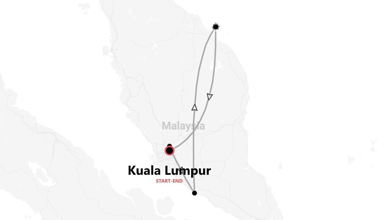 Un mapa que muestra una ruta turística por Malasia, con inicio y fin en la ciudad de Kuala Lumpur.