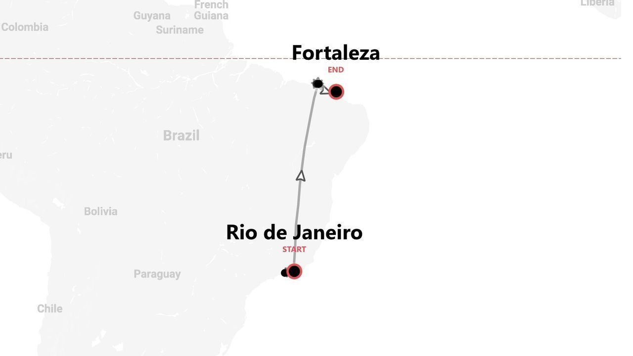 Una mappa del Brasile che mostra un itinerario di viaggio con partenza da Rio de Janeiro e arrivo a Fortaleza.