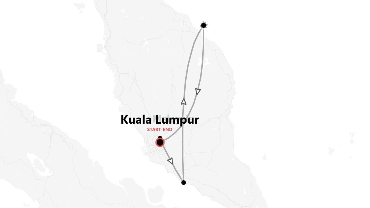Una mappa che mostra un itinerario di viaggio in Malesia, con un percorso che inizia e finisce a Kuala Lumpur.
