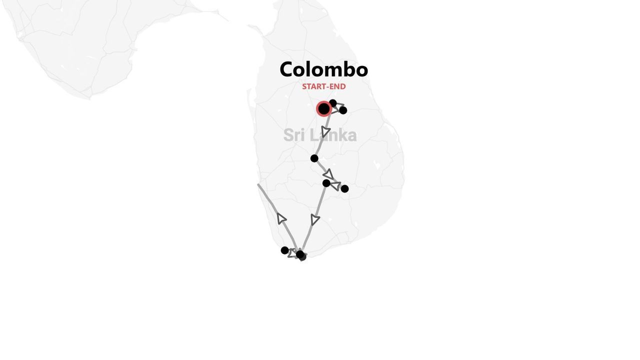 Una mappa minimalista dello Sri Lanka che mostra un itinerario di viaggio che inizia e finisce a Colombo.