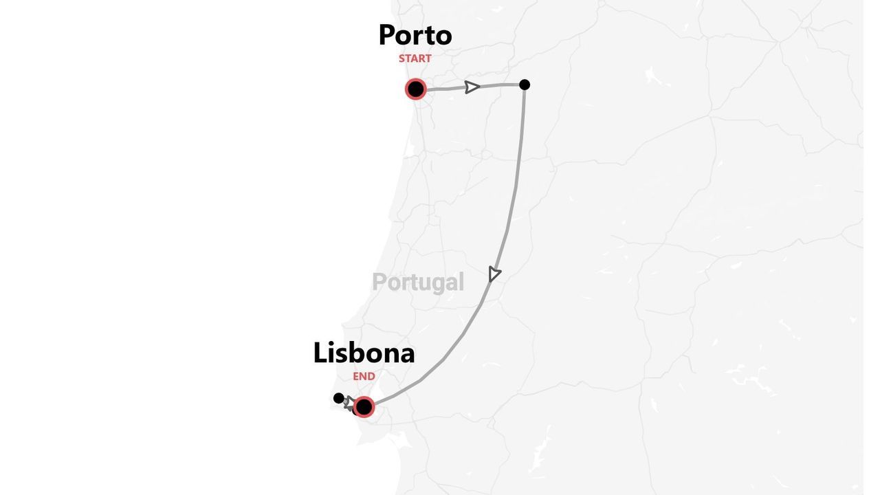 Una mappa del Portogallo che mostra un itinerario di viaggio con partenza da Porto e arrivo a Lisbona.