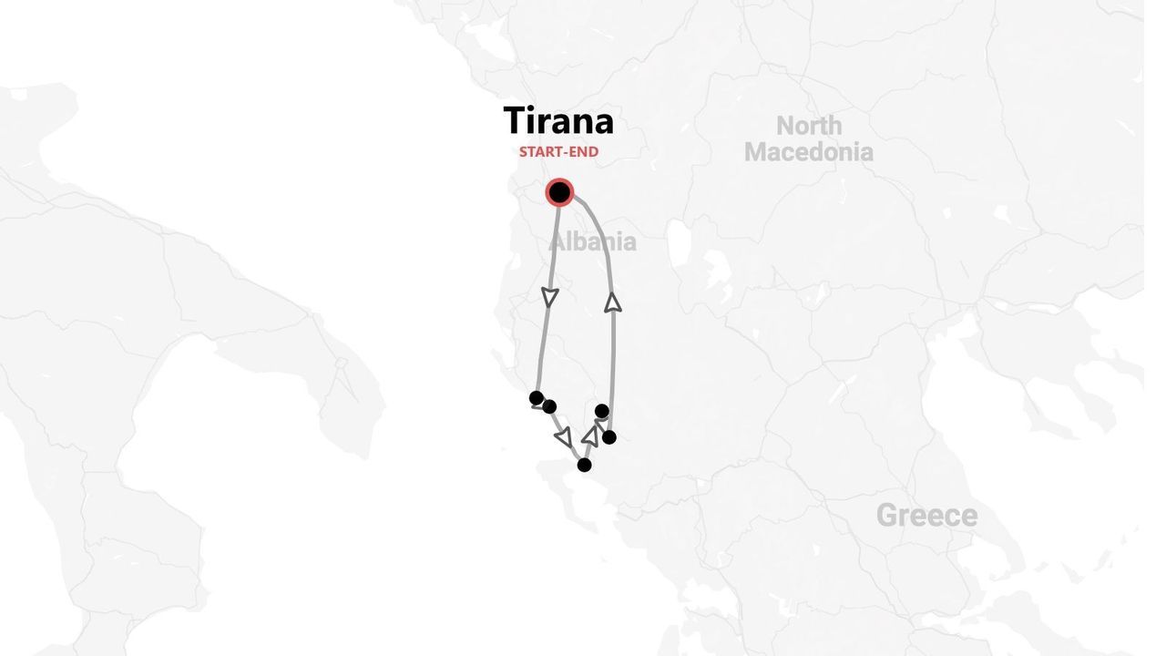 Mappa di un tour in Albania, con itinerario che inizia e finisce a Tirana e si snoda nel sud del paese.