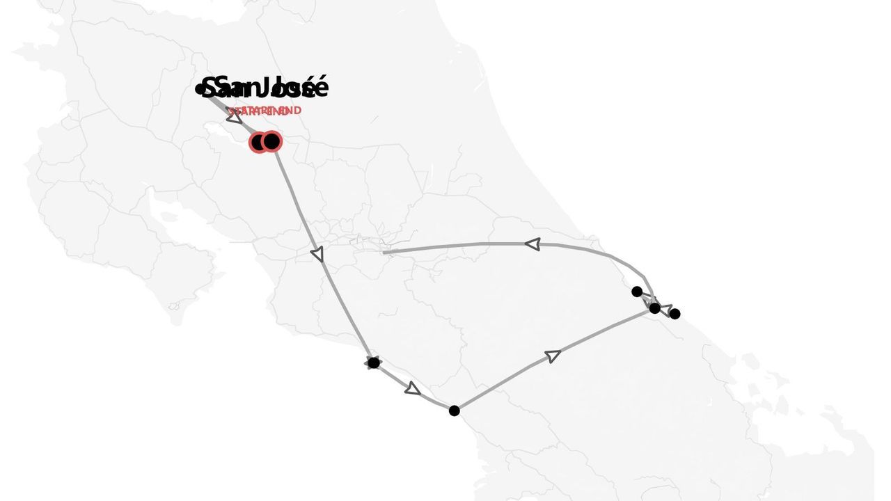 Mappa di un itinerario di viaggio in Costa Rica, che mostra un percorso ad anello con diverse tappe che inizia e finisce a San José.
