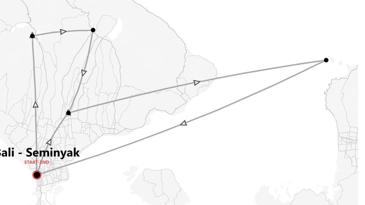Una mappa in scala di grigi che mostra un itinerario di viaggio che inizia e finisce a Bali - Seminyak, con più tappe indicate da punti collegati.