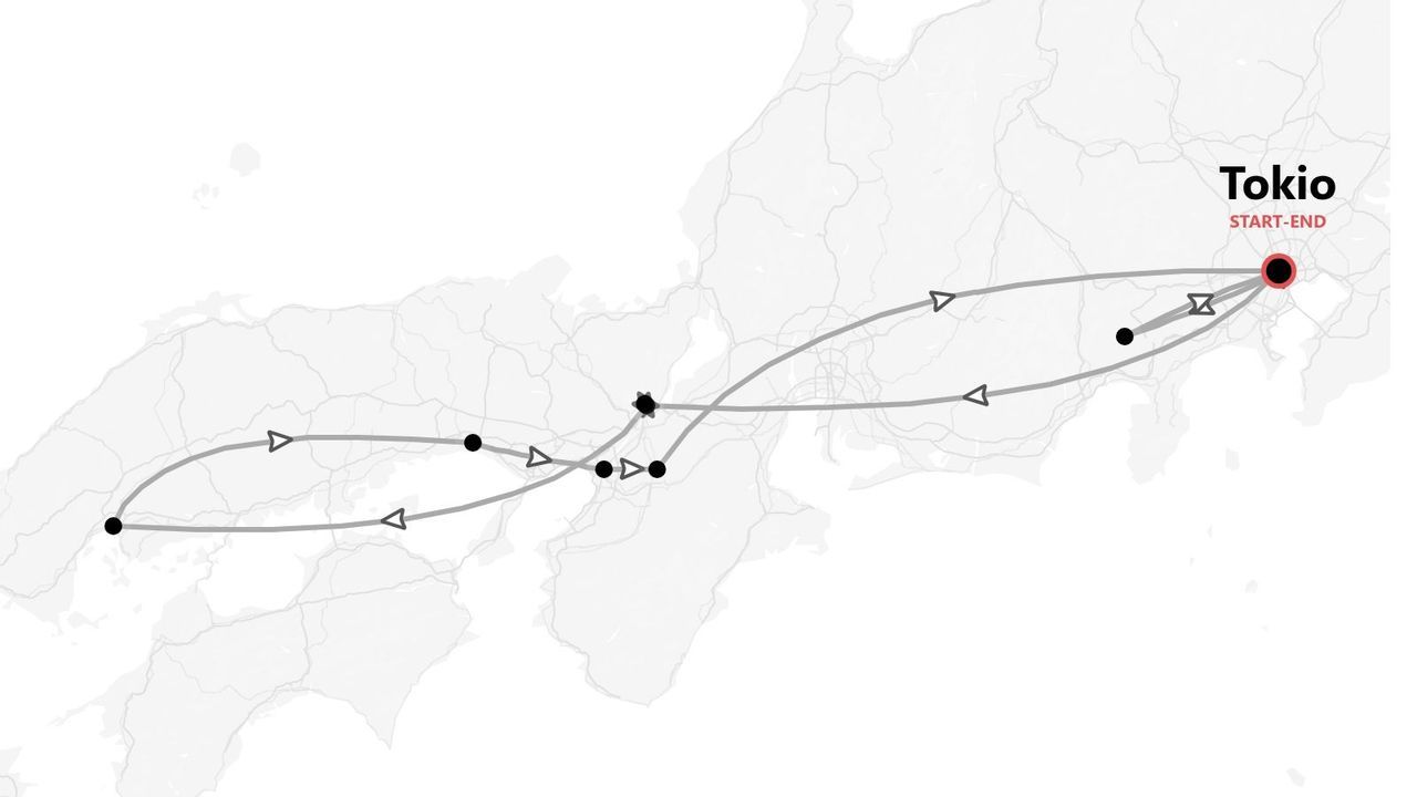 Eine Reiseroutenkarte für Japan, die einen Rundkurs mit Start und Ziel in Tokio und mehreren Zwischenstopps zeigt.