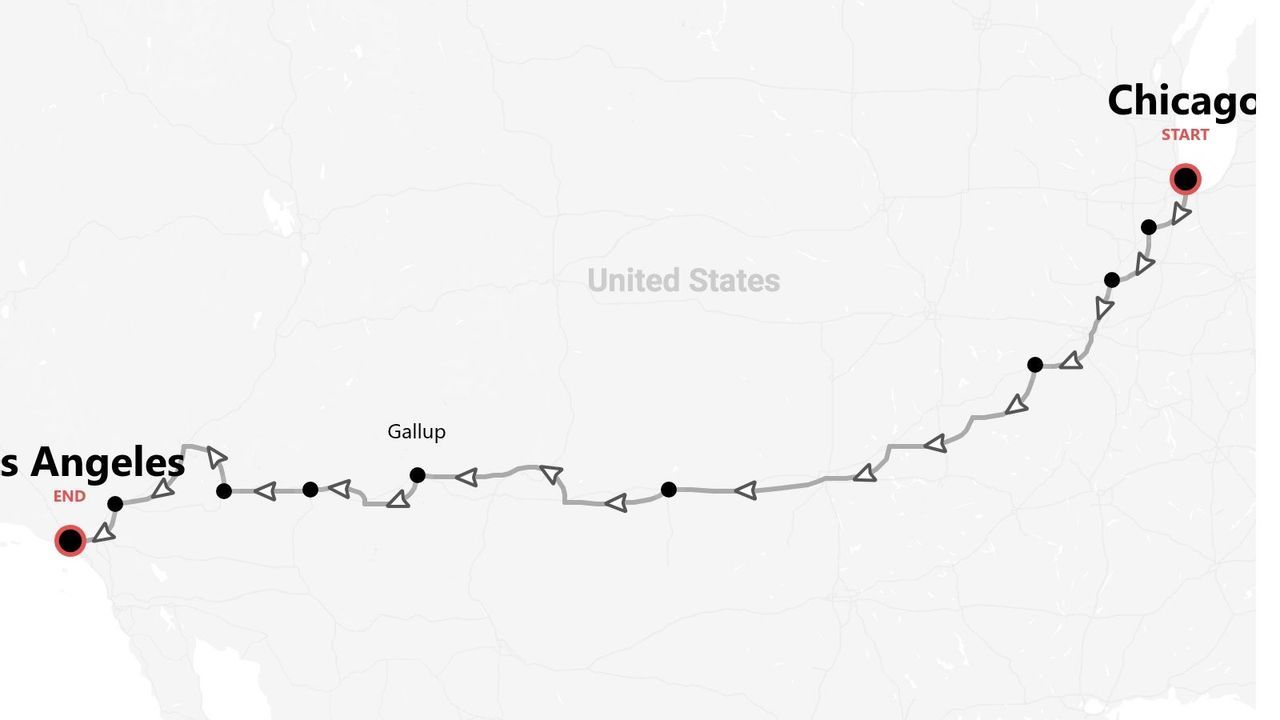 Eine Karte der USA mit einer Reiseroute von Chicago nach Los Angeles und einem Zwischenstopp in Gallup.