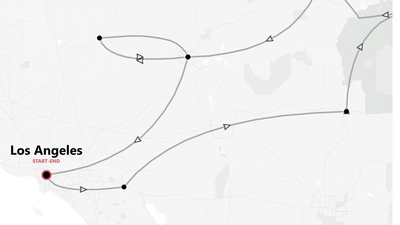 Mappa stilizzata di un itinerario circolare con tappe, con partenza e arrivo a Los Angeles.