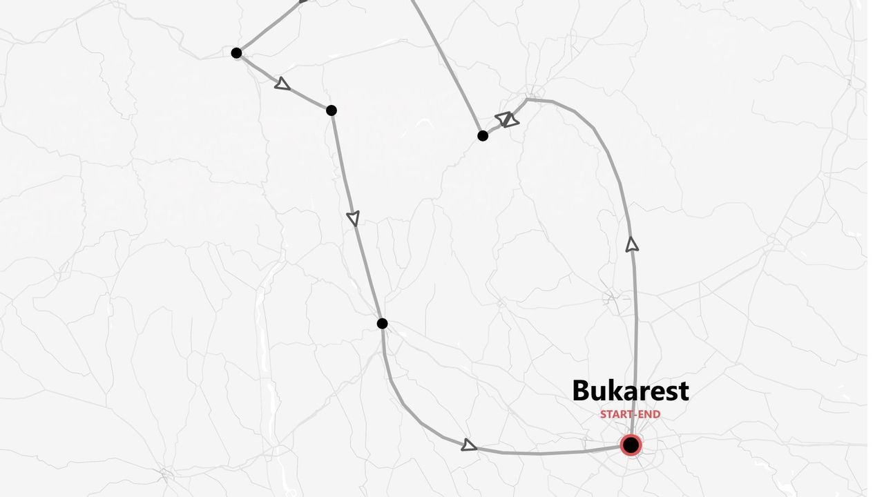 Eine Graustufenkarte einer Reiseroute mit Stopps, die in Bukarest beginnt und endet.