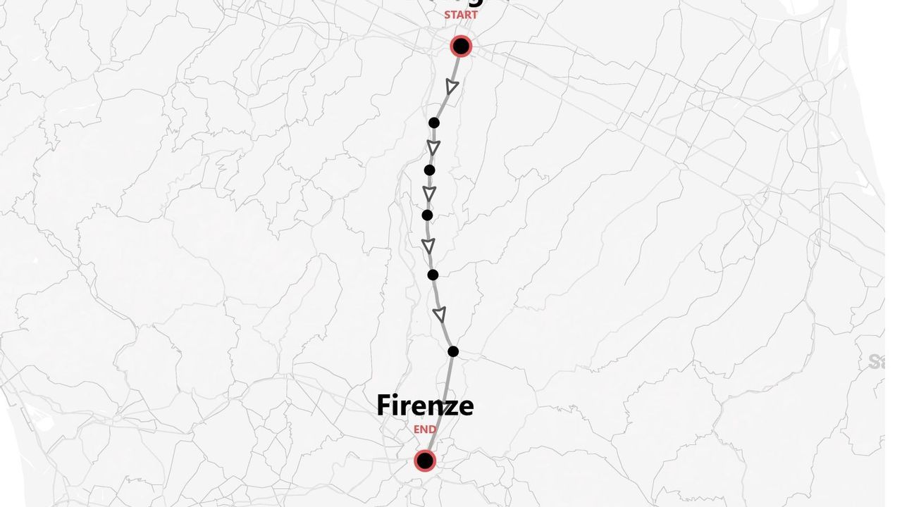 Una mappa minimalista che mostra un itinerario di viaggio con tappe, da Bologna a Firenze.