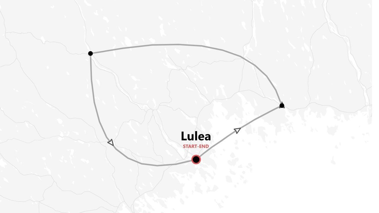 Una mappa che mostra un itinerario di viaggio circolare che inizia e finisce nella città di Lulea.